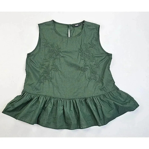 Uniqlo Size Small Women's Green Embroidered Floral Print Sleeveless Back Zip Top - Picture 1 of 9